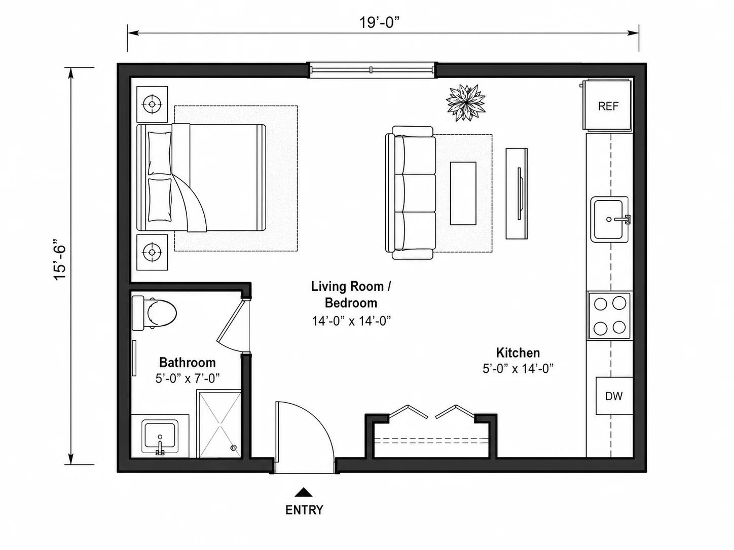 Technical 2D floor plan of a studio apartment