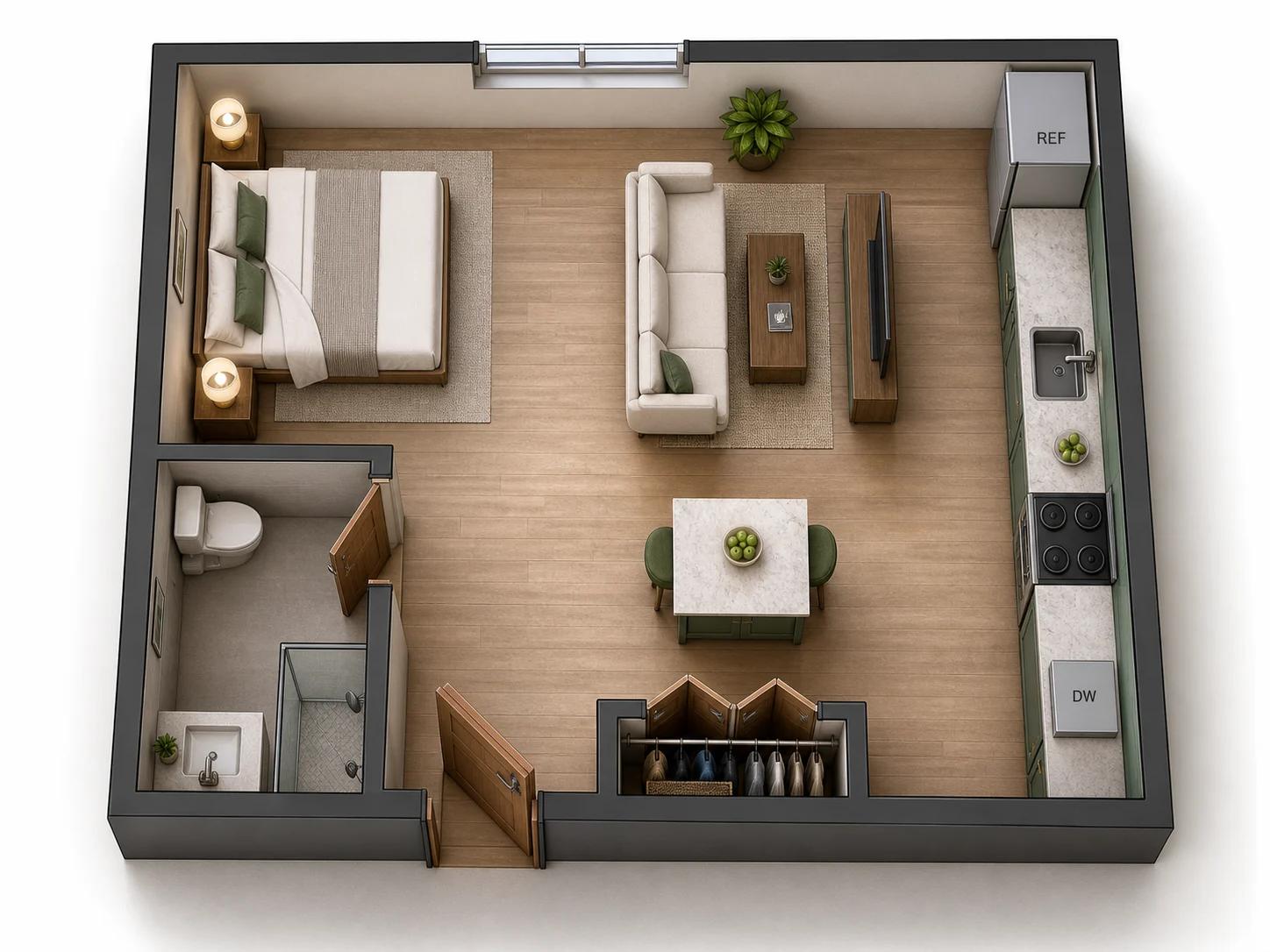 3D isometric cutaway of the same studio apartment