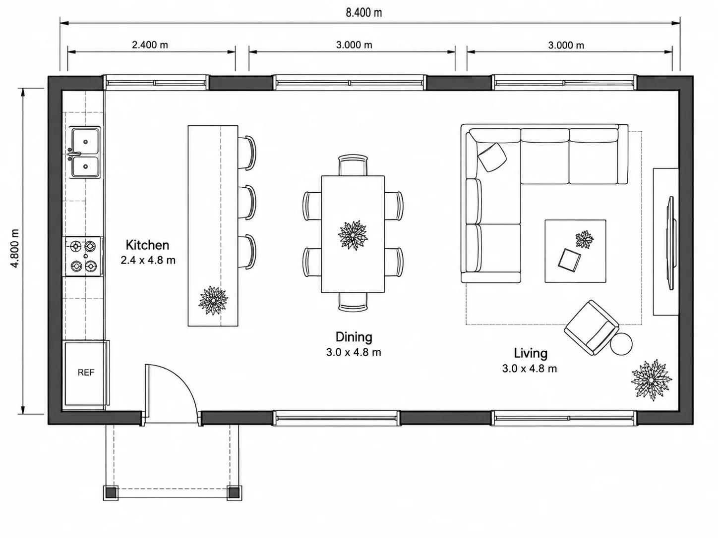 AI-generated technical open-plan kitchen floor plan with labelled kitchen, dining and living zones