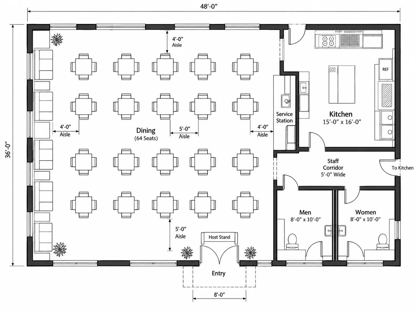 AI-generated technical casual dining floor plan with dimensioned circulation aisles