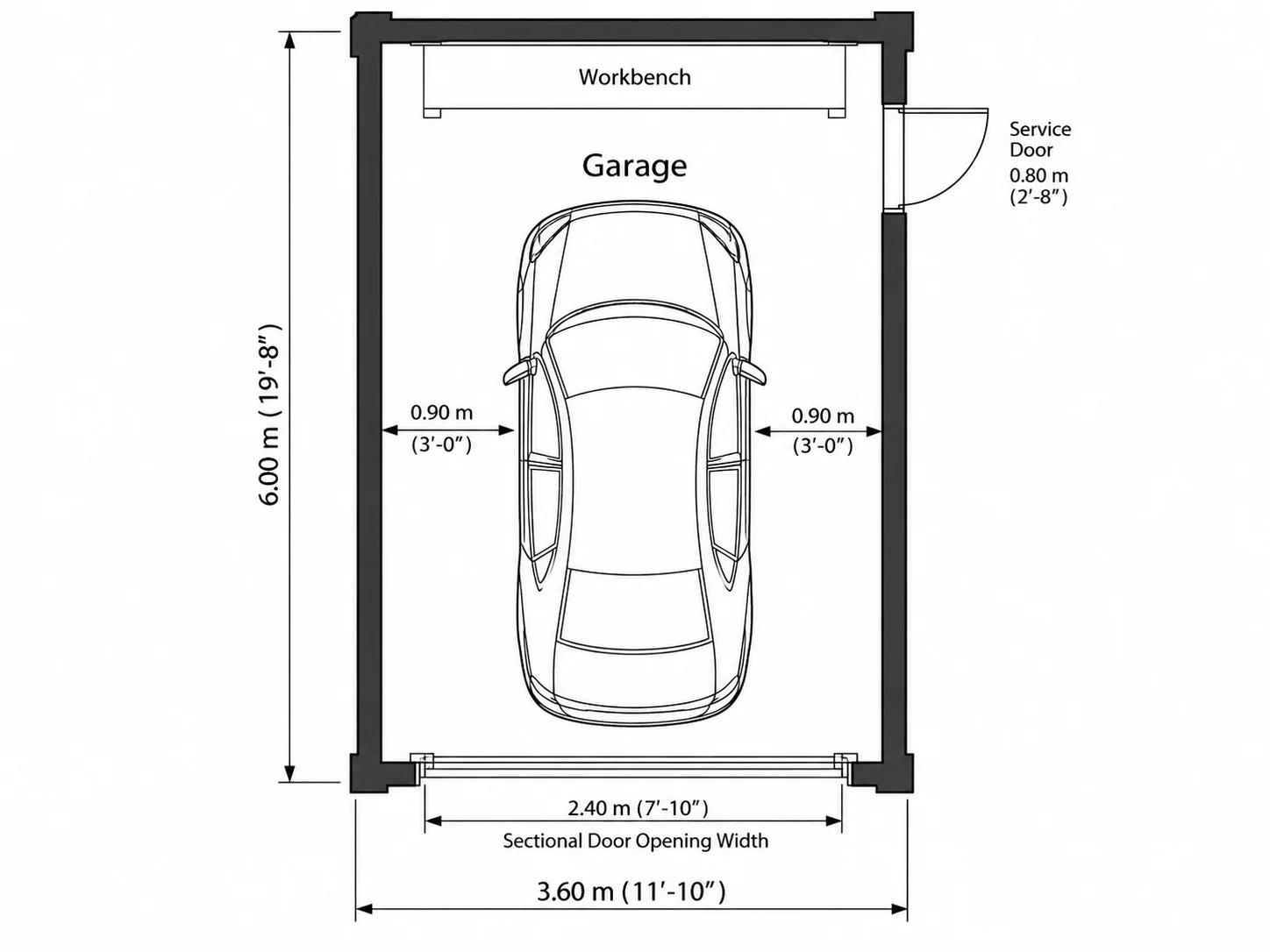 AI-generated technical one-car garage floor plan with dimensioned clearances