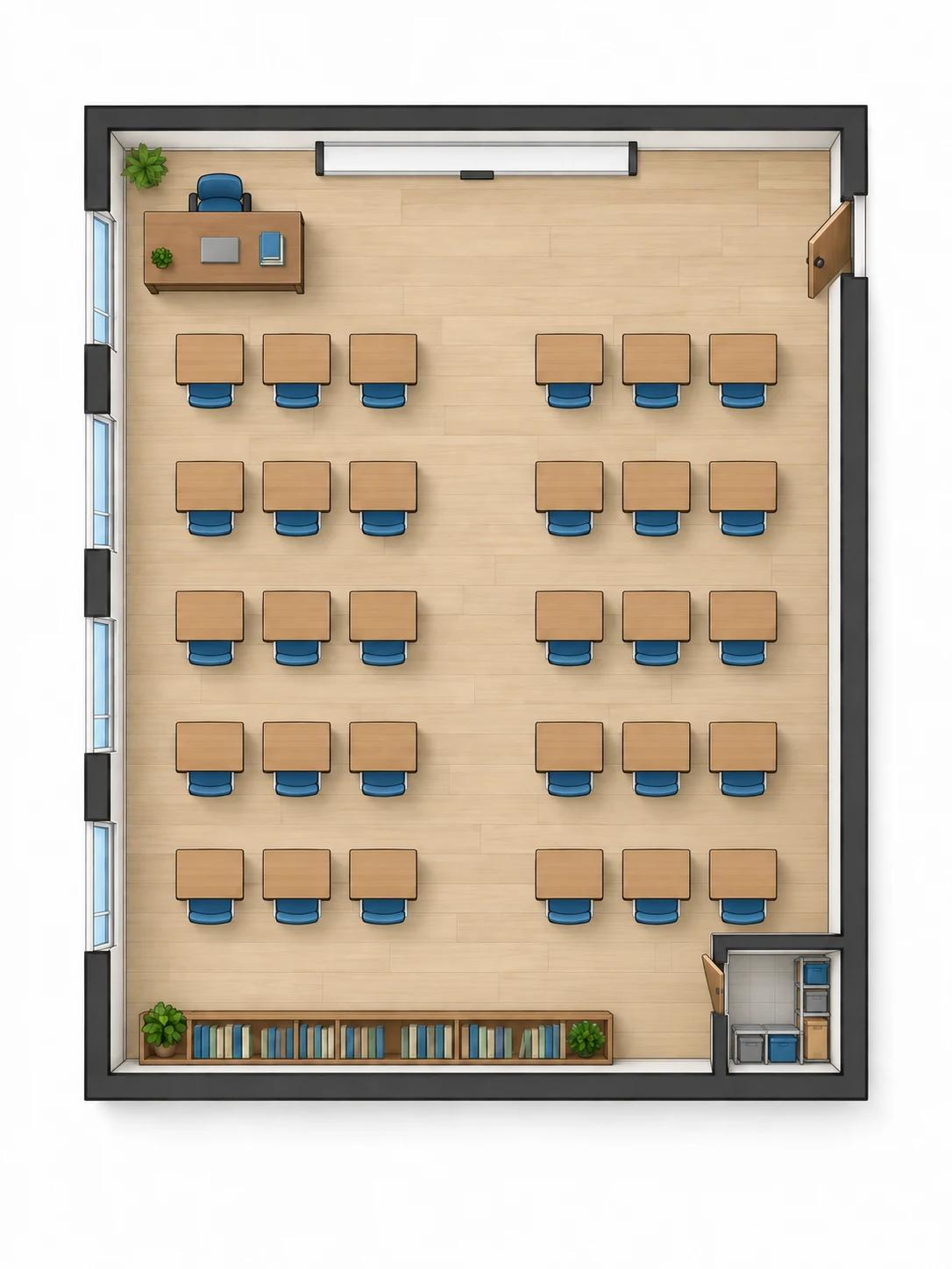 Standard classroom layout with five rows of desks, a middle aisle and a back storage closet