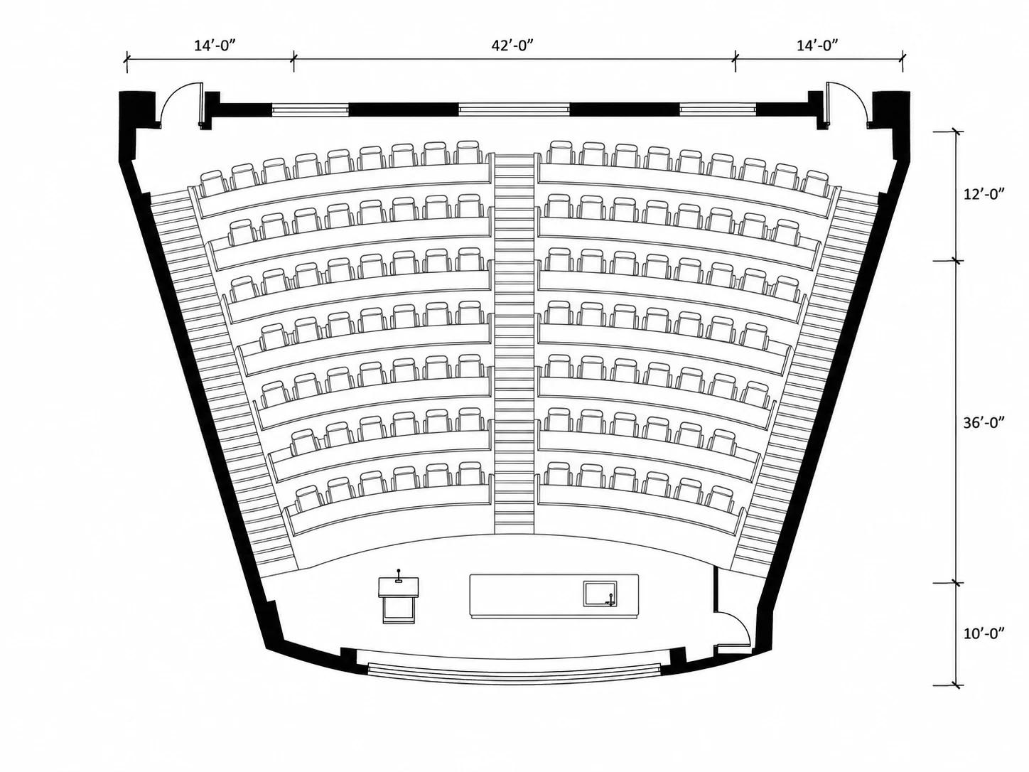 Technical drawing of a tiered lecture hall with stepped seating rows and a front lectern