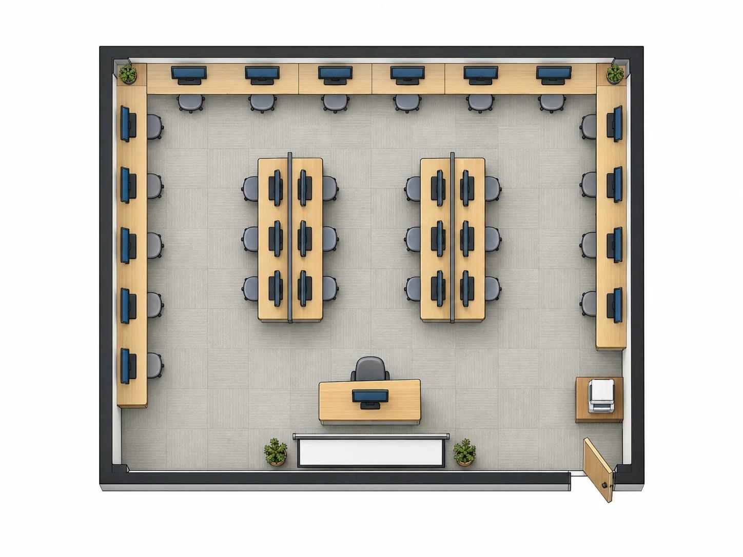 Computer lab classroom layout with perimeter workstations and two central islands