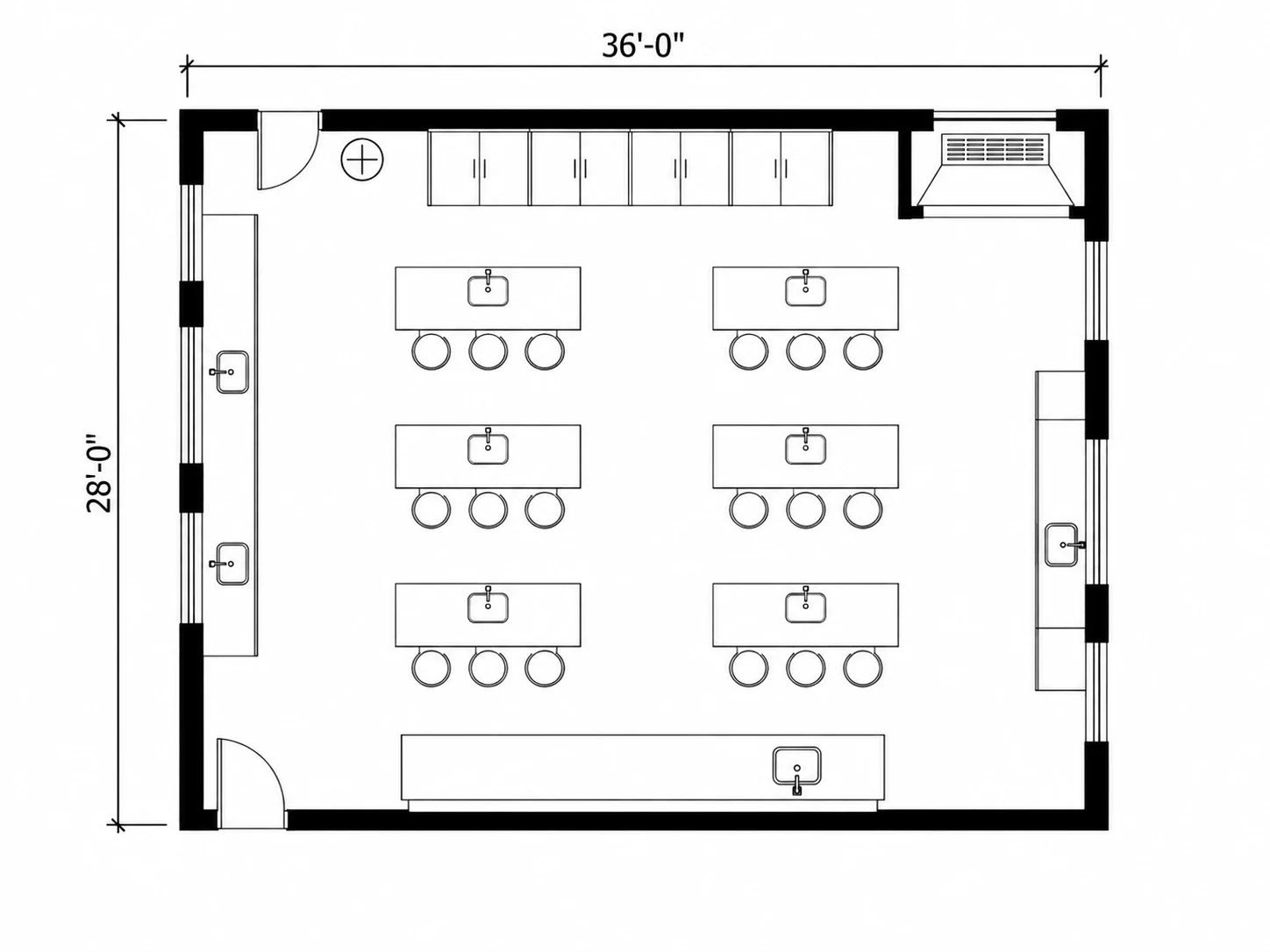 Science lab layout with fixed lab benches, sinks and an eyewash station by the door