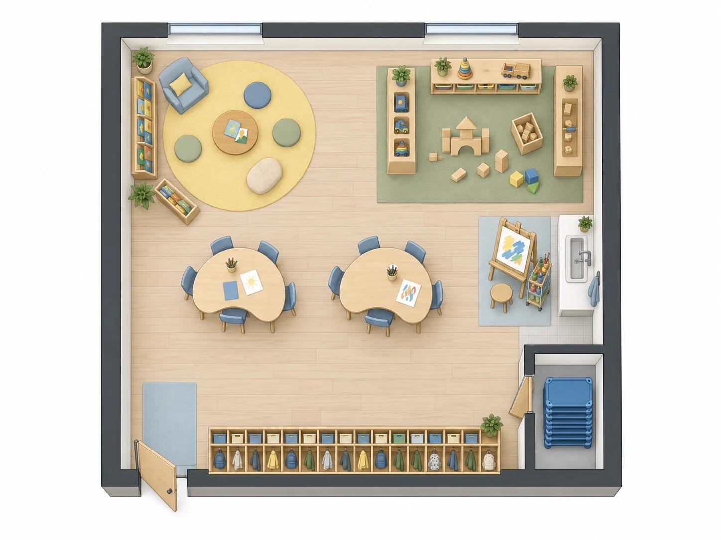 Preschool classroom floor plan with a reading corner, block area and cubbies made from a custom brief