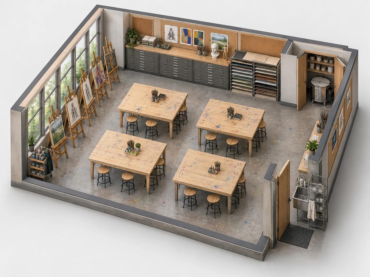 Art studio classroom layout with shared worktables, a utility sink and flat file storage