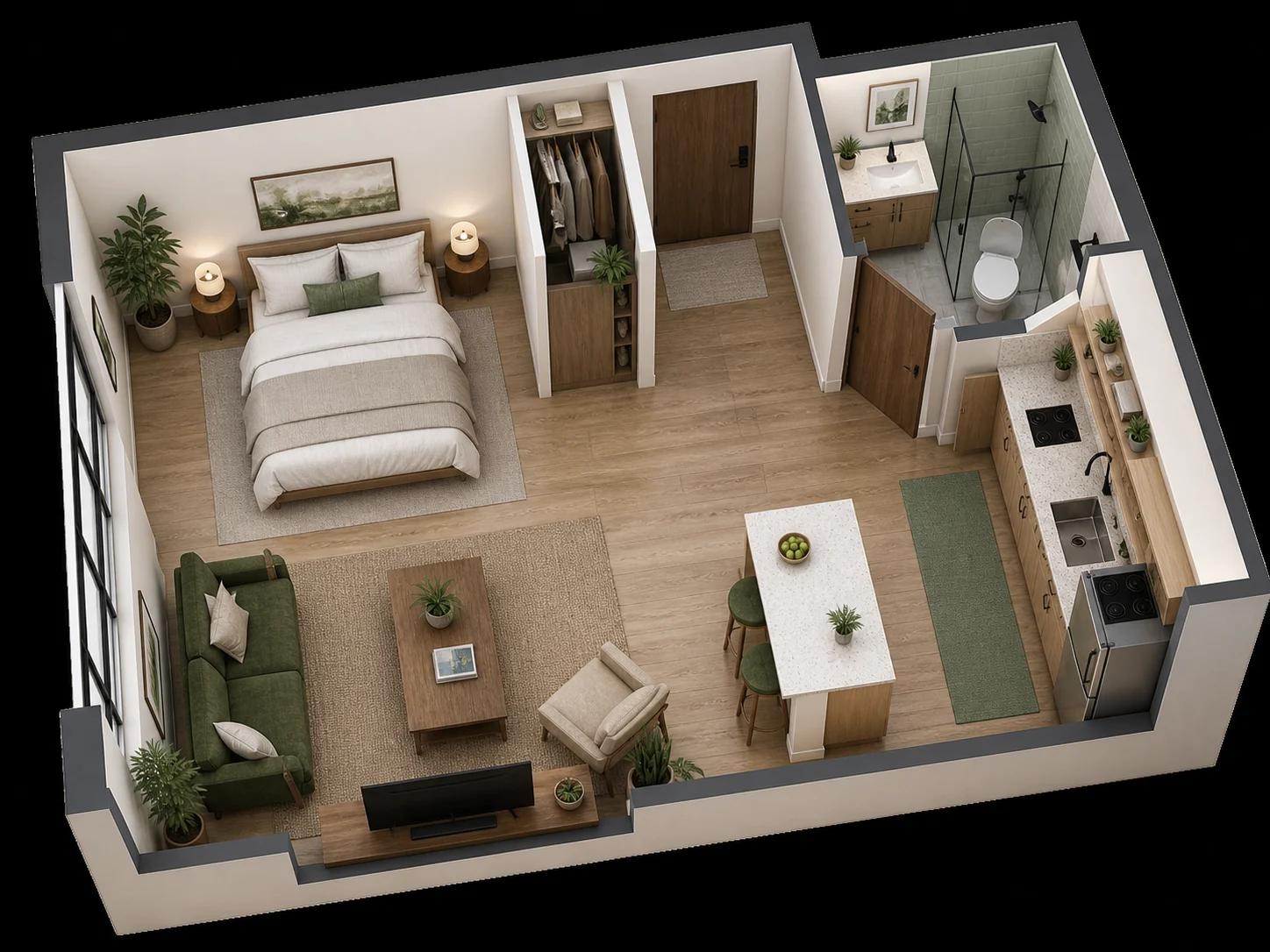3D cutaway of a studio apartment layout converted from a 2D drawing