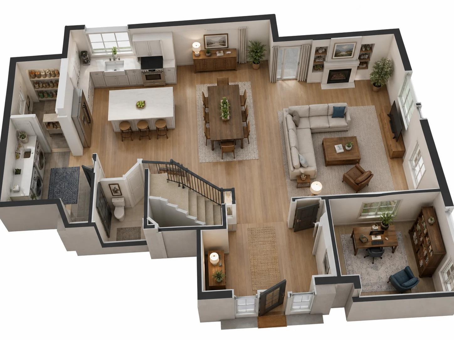 3D cutaway of an open-concept family home layout showing kitchen, dining, and living volumes
