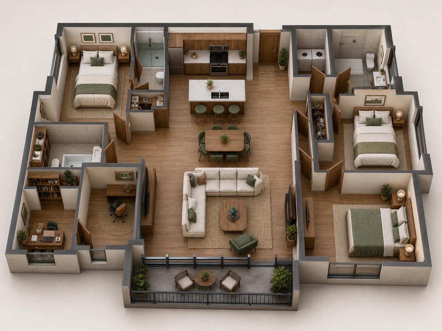 Furnished 3D cutaway of a multi-bedroom apartment layout