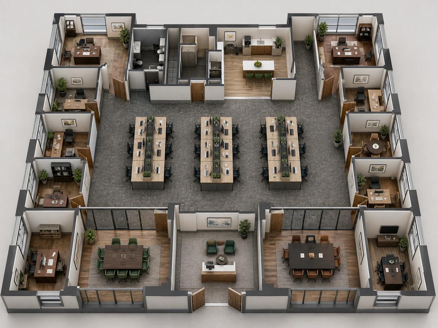 3D cutaway of an office floor plate with meeting rooms and open desks