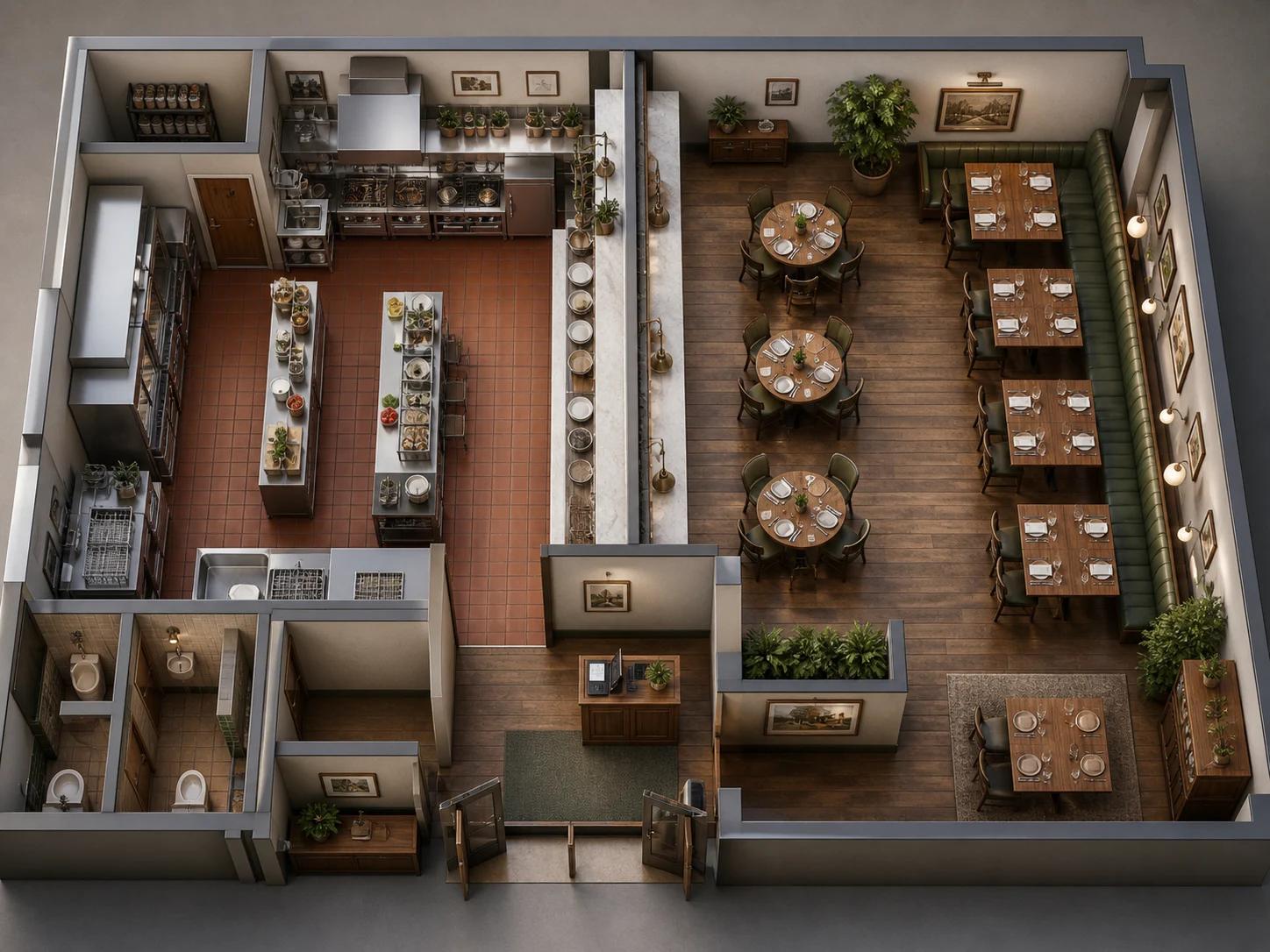3D cutaway of a restaurant layout with dining room and kitchen