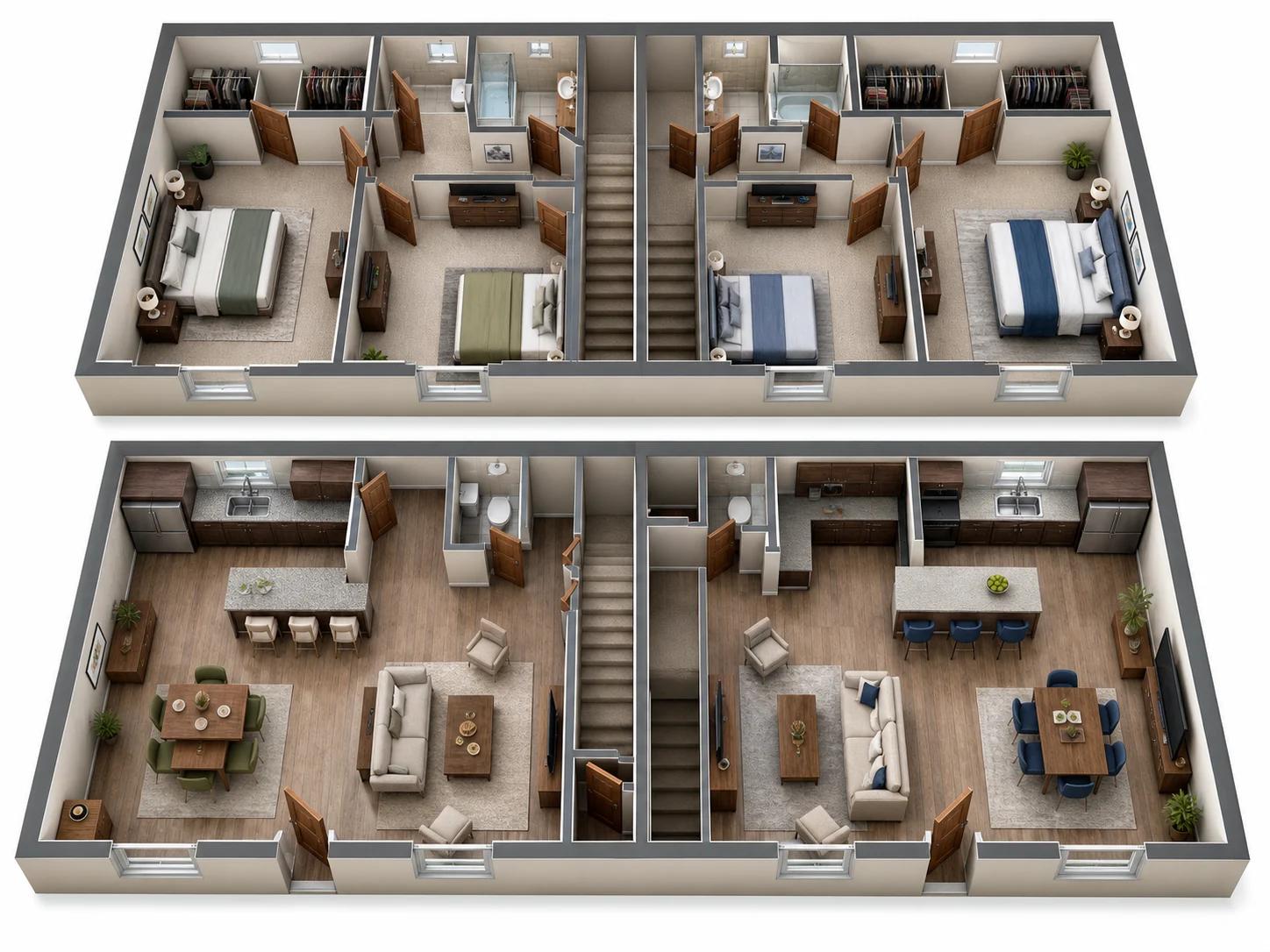 3D cutaway conversion of a duplex showing two separate floor levels