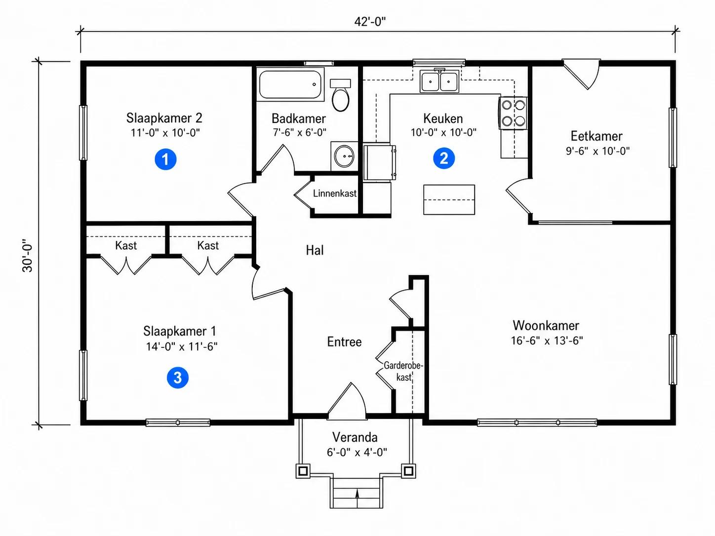 Drie genummerde markeringen tegelijk toegepast op een plattegrond