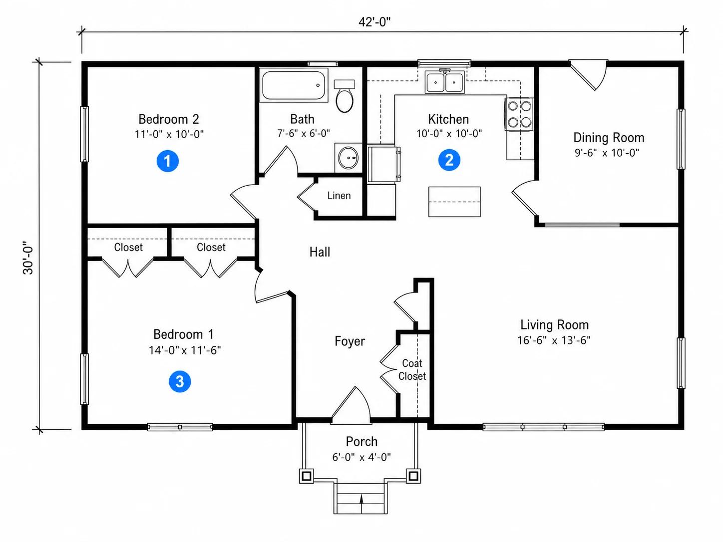Three numbered marker edits applied to a layout in one pass