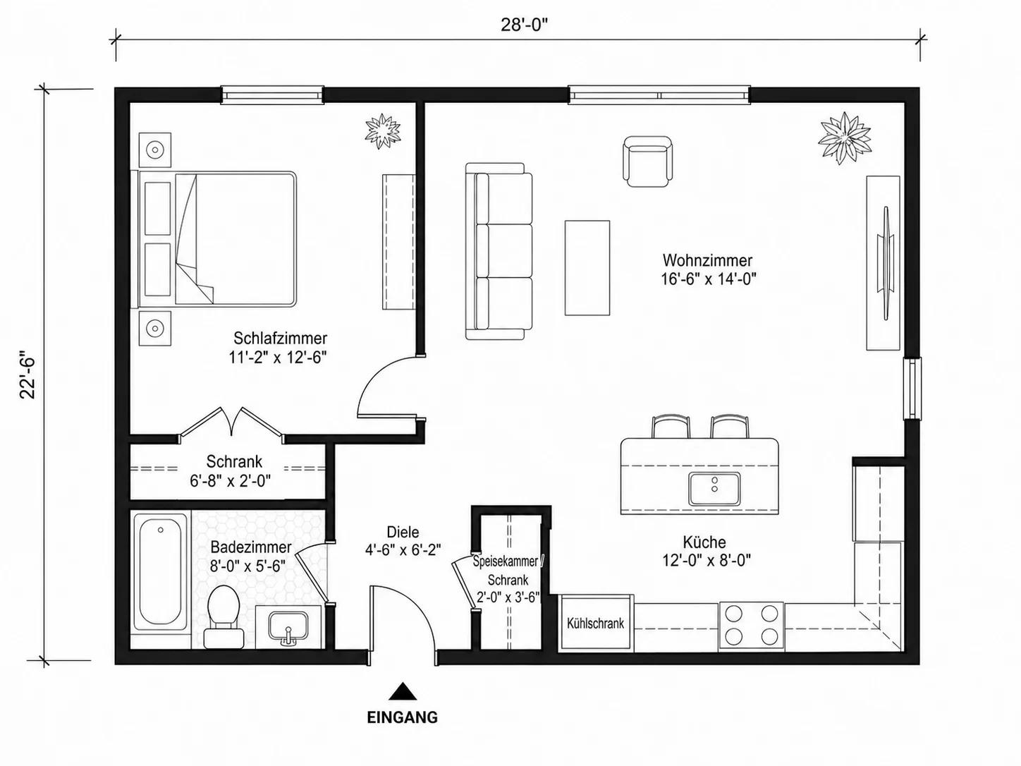 Vorher-Nachher-Grundriss, der die verbesserte Raumnutzung in einer 2-Zimmer-Wohnung zeigt