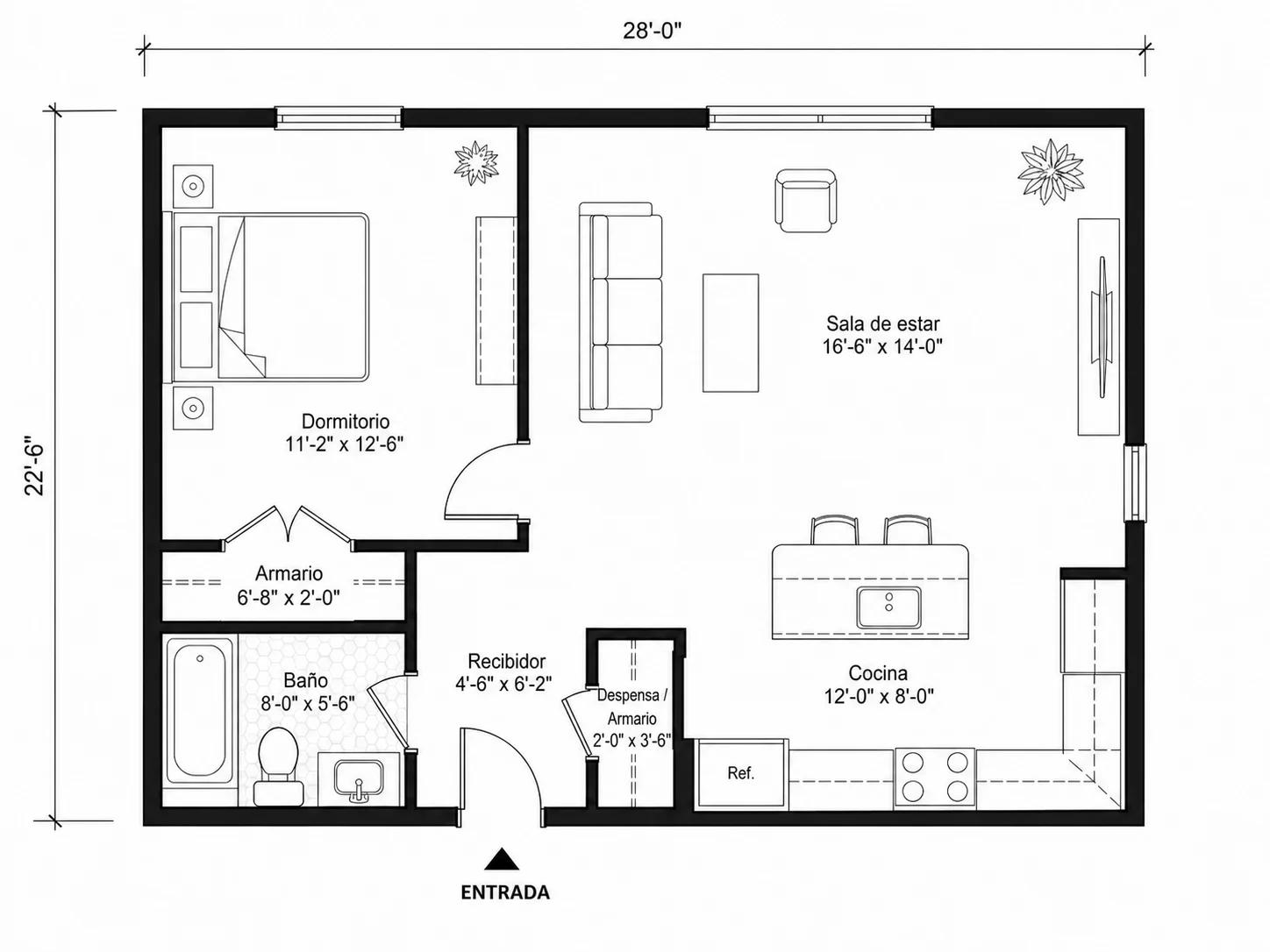 Plano antes y después que muestra el espacio mejorado en un apartamento de un dormitorio por el optimizador de planos con IA