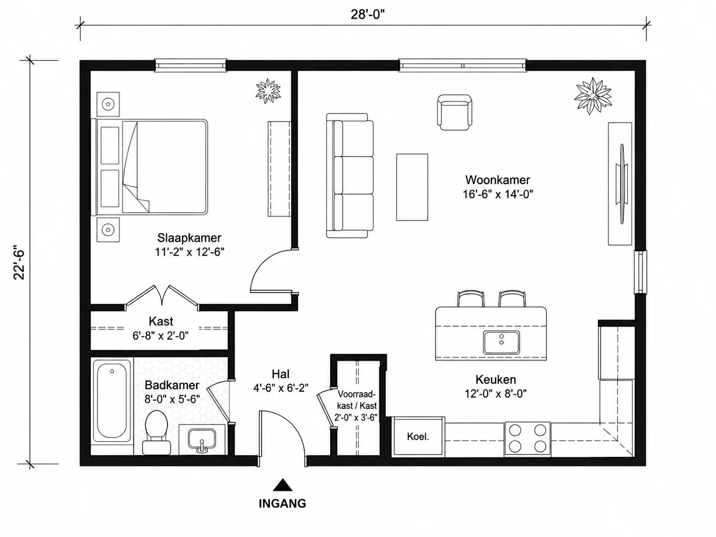 Plattegrond voor en na die een verbeterde ruimtebenutting in een eenkamerappartement toont