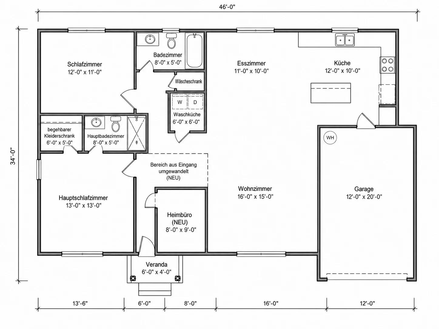 Vorher-Nachher-Grundriss, der die Umwandlung verschwendeter Fläche in ein funktionales Home-Office zeigt