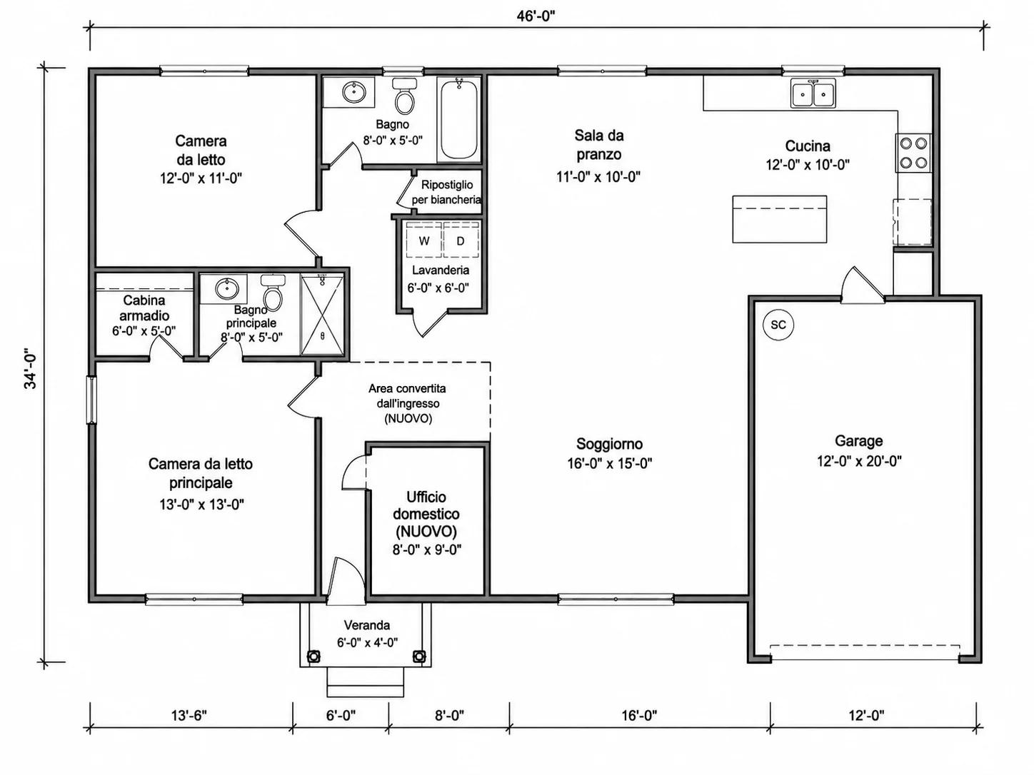 Layout prima e dopo che mostra lo spazio sprecato convertito in un ufficio funzionale