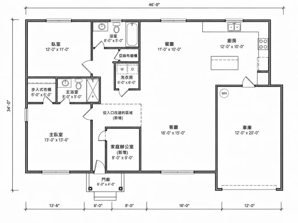 顯示浪費空間轉換為實用家庭辦公室的優化前後格局圖