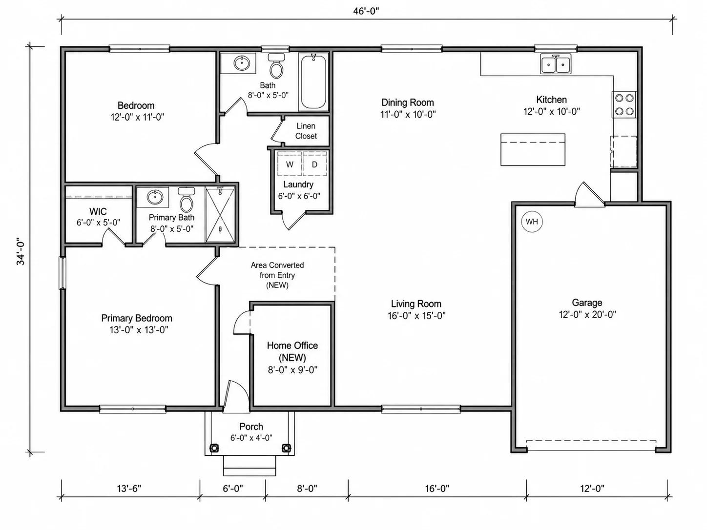 Before and after layout showing wasted space converted into a functional home office