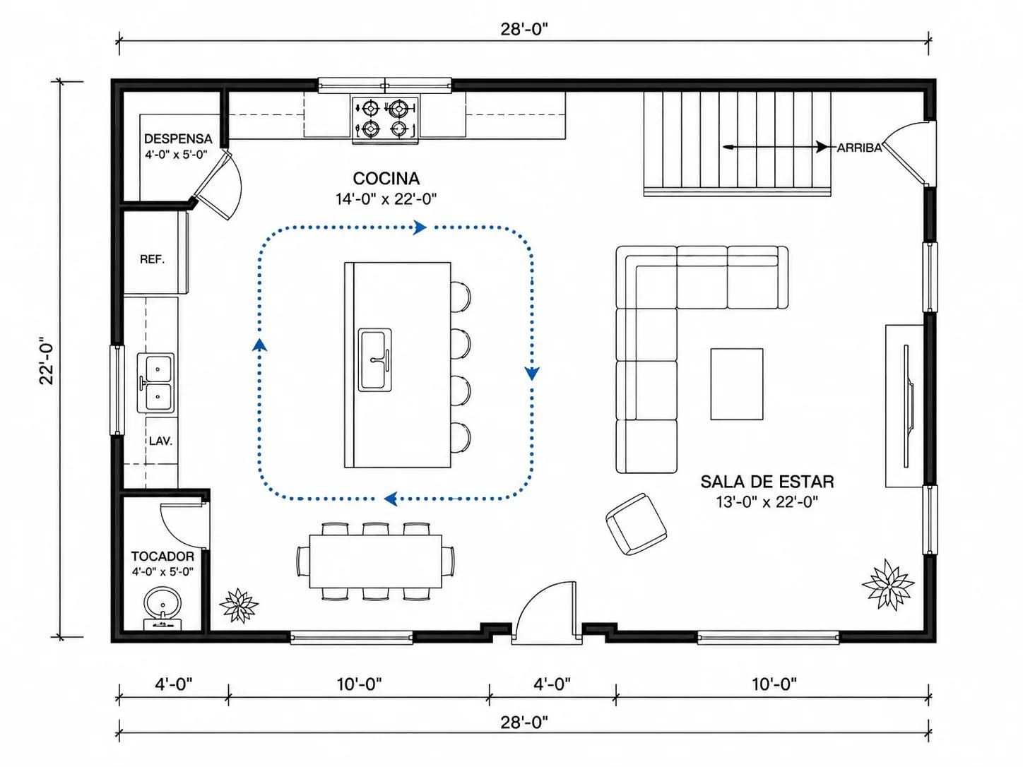 Plano antes y después que muestra la mejora del flujo de circulación alrededor de una cocina con el optimizador de planos con IA