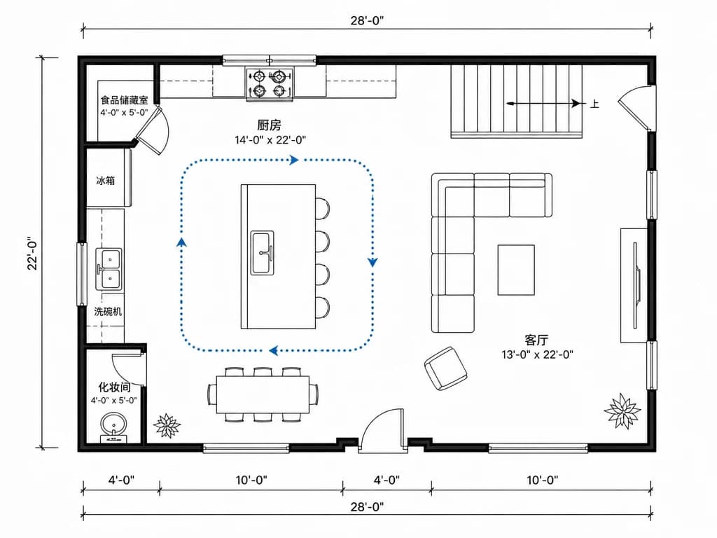 展示厨房周围动线改善的优化前后平面图