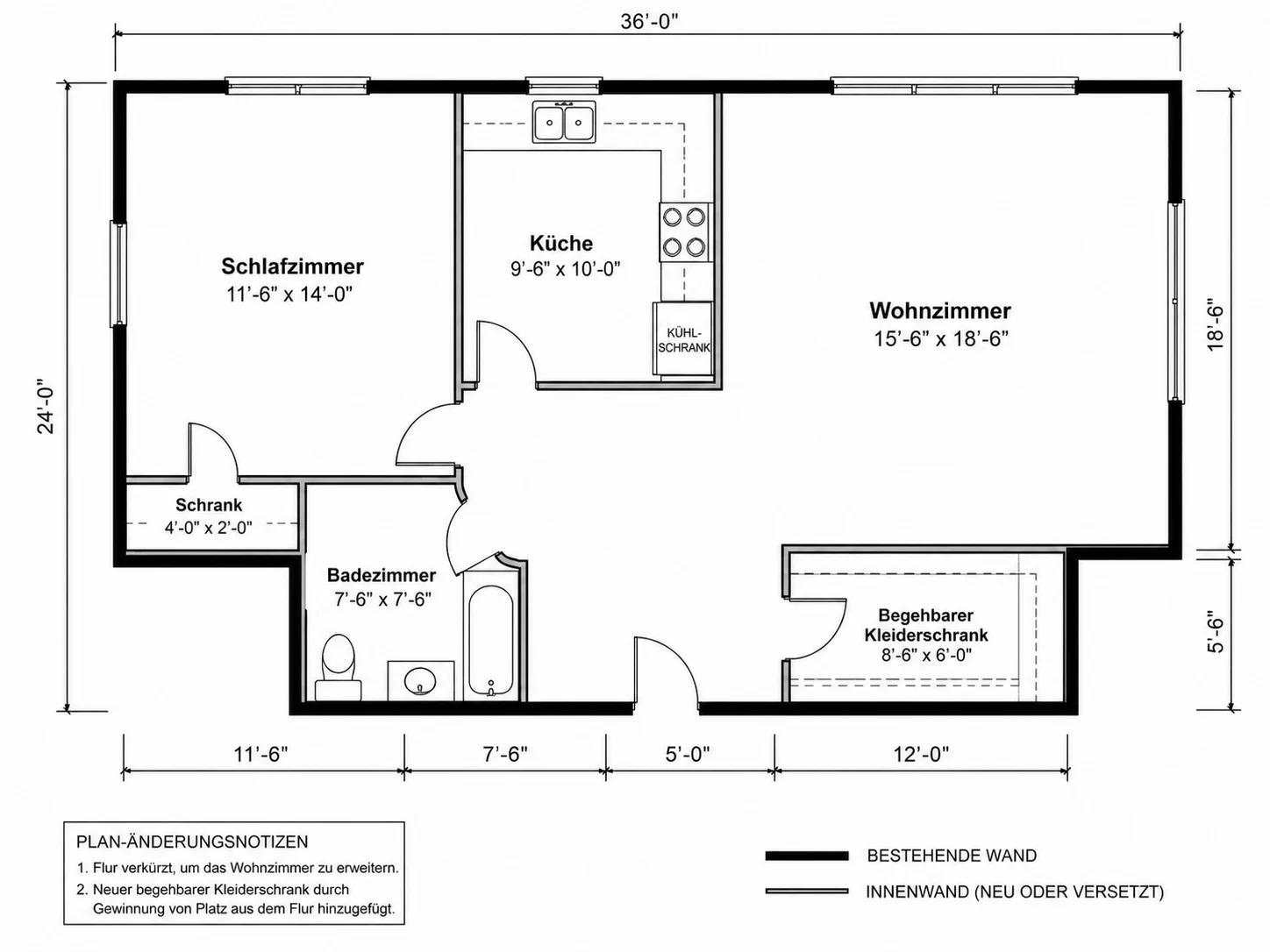 Vorher-Nachher-Grundriss mit größerem Wohnzimmer und neuem begehbarem Kleiderschrank