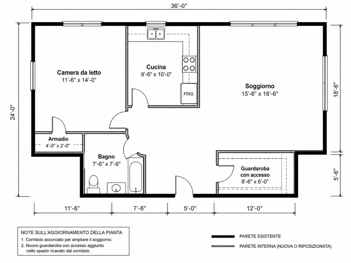Layout prima e dopo che mostra un soggiorno più grande e l'aggiunta di una cabina armadio