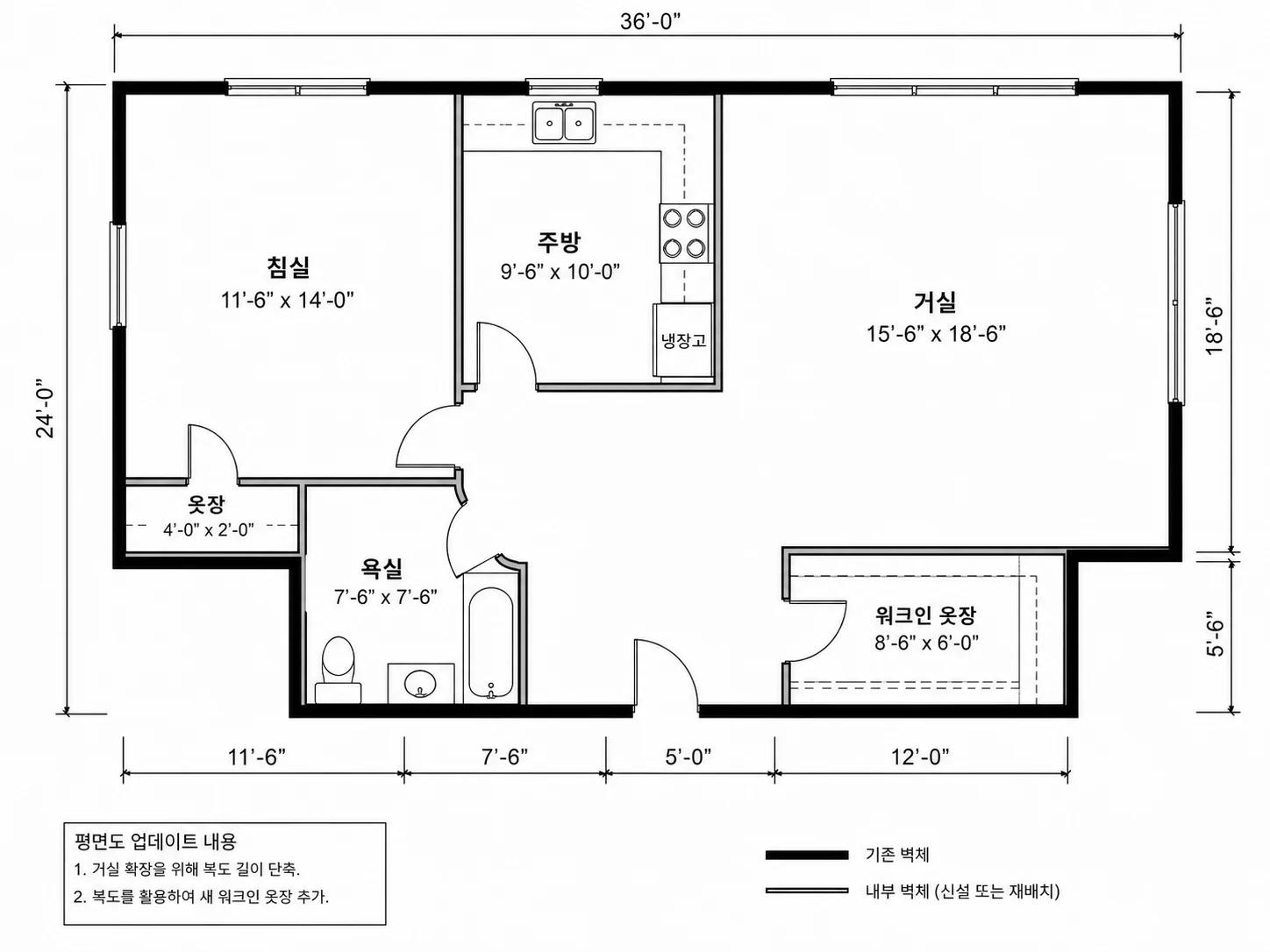 더 넓어진 거실과 추가된 대형 실내 옷장을 보여주는 평면도 최적화 전후