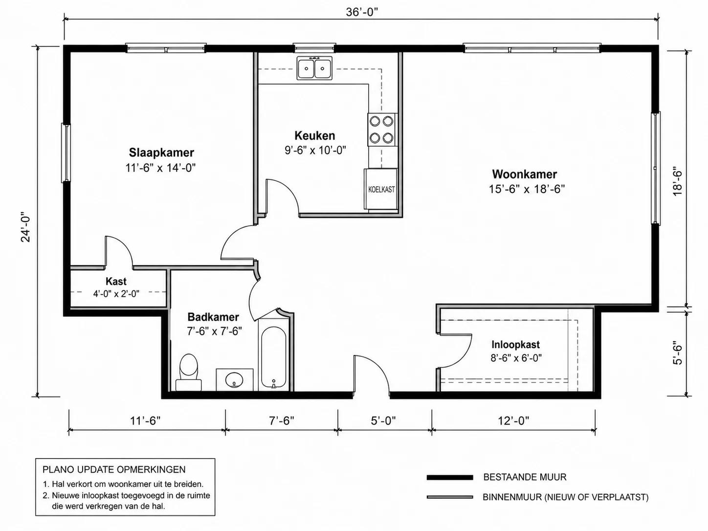 Indeling voor en na die een grotere woonkamer en toegevoegde inloopkast toont