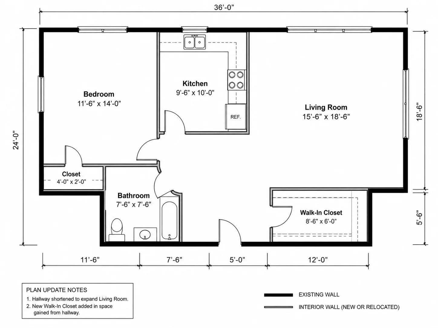 Before and after layout showing a larger living room and added walk-in closet