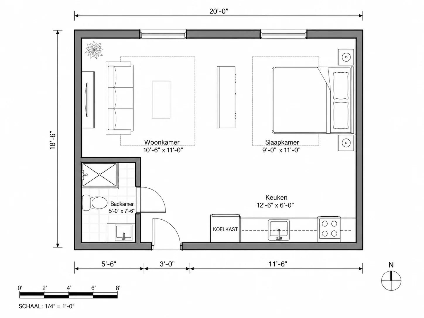 Indeling van een studio-appartement met gecombineerde woon- en slaapruimte