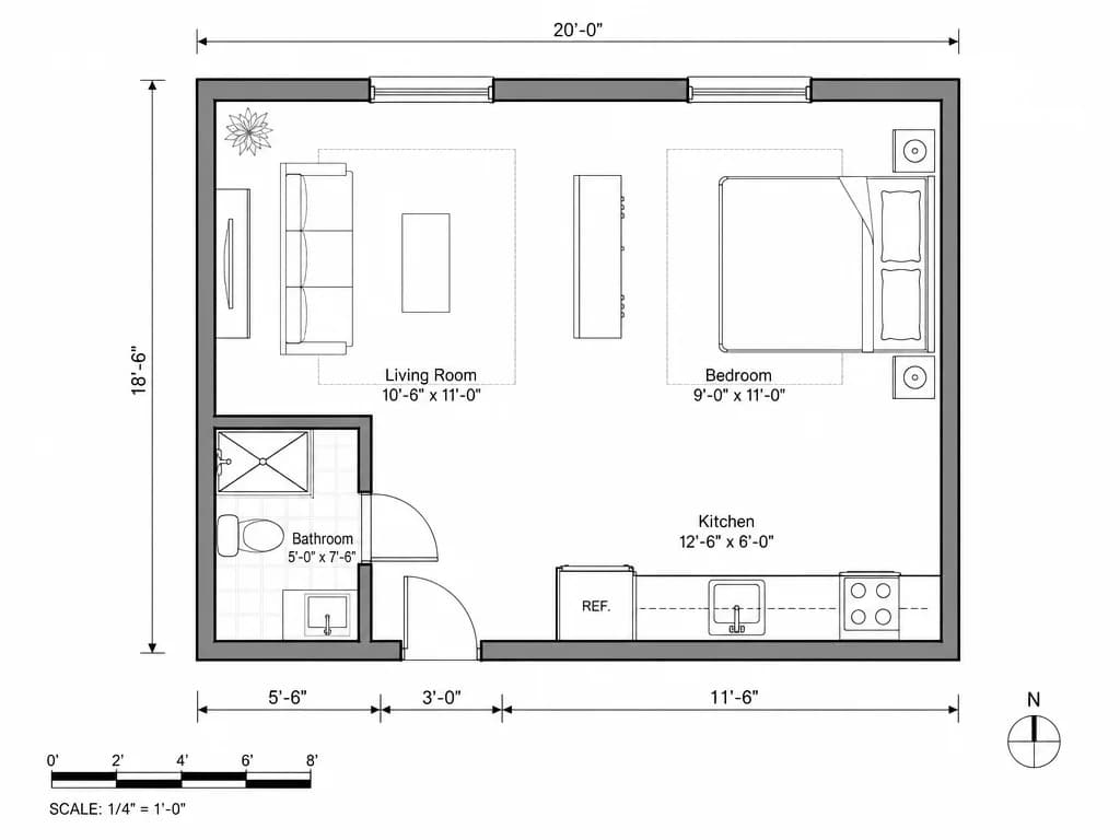 Studio apartment layout with combined living and sleeping area