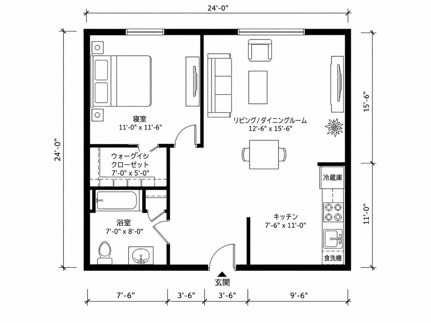 ギャレーキッチンとウォークインクローゼットを備えたコンパクトな1LDKアパートのAI間取り図