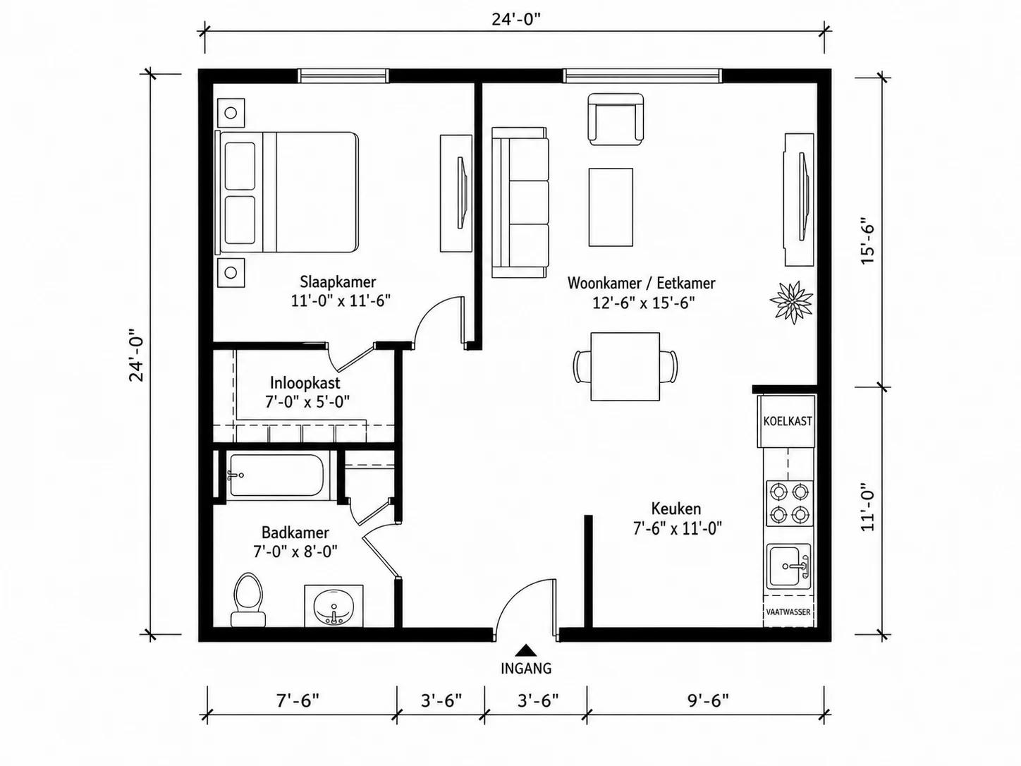 Indeling van een compact appartement met één slaapkamer, kombuiskeuken en inloopkast