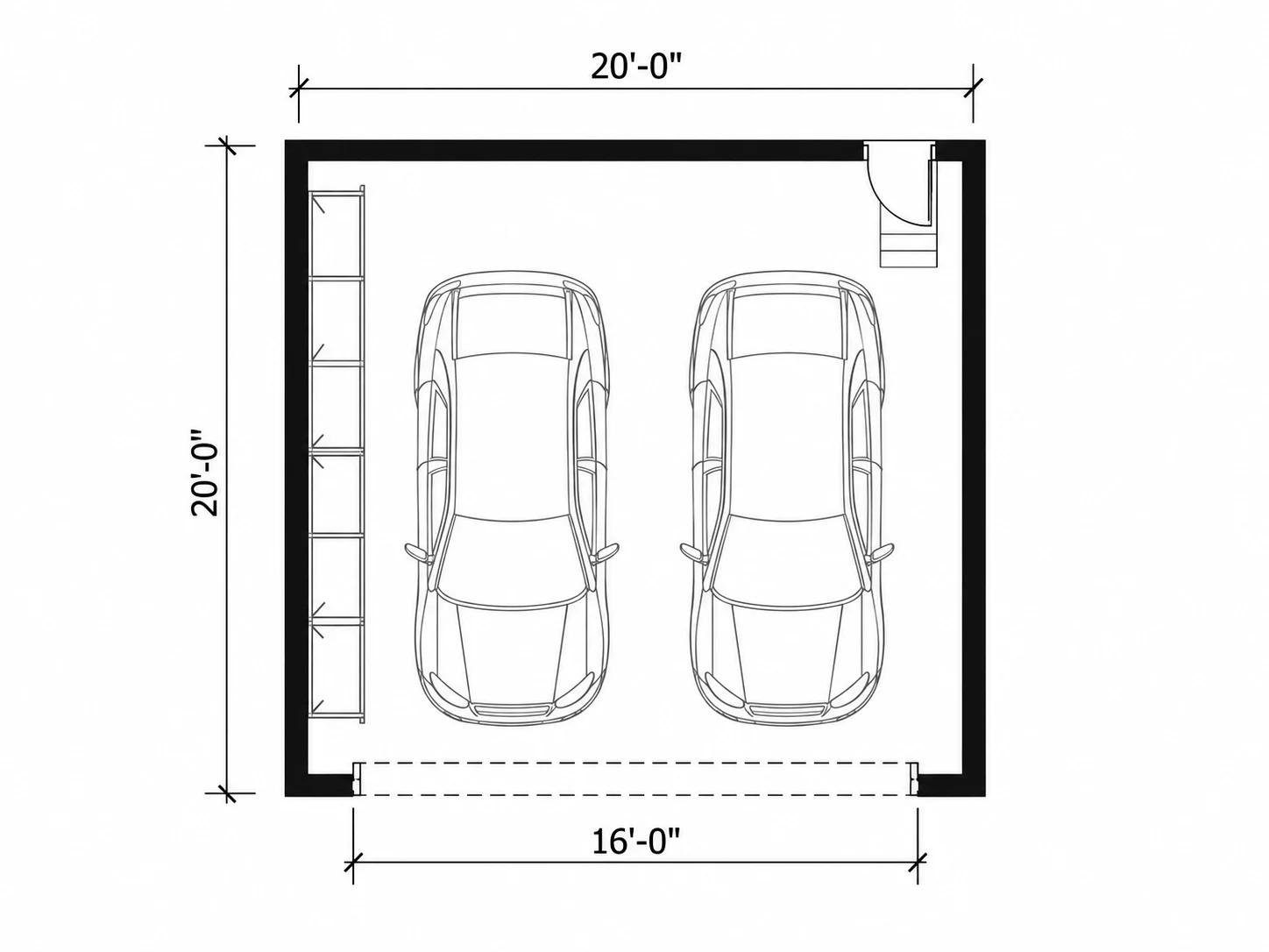 20x20 two-car garage floor plan with a 16 foot door and wall shelving