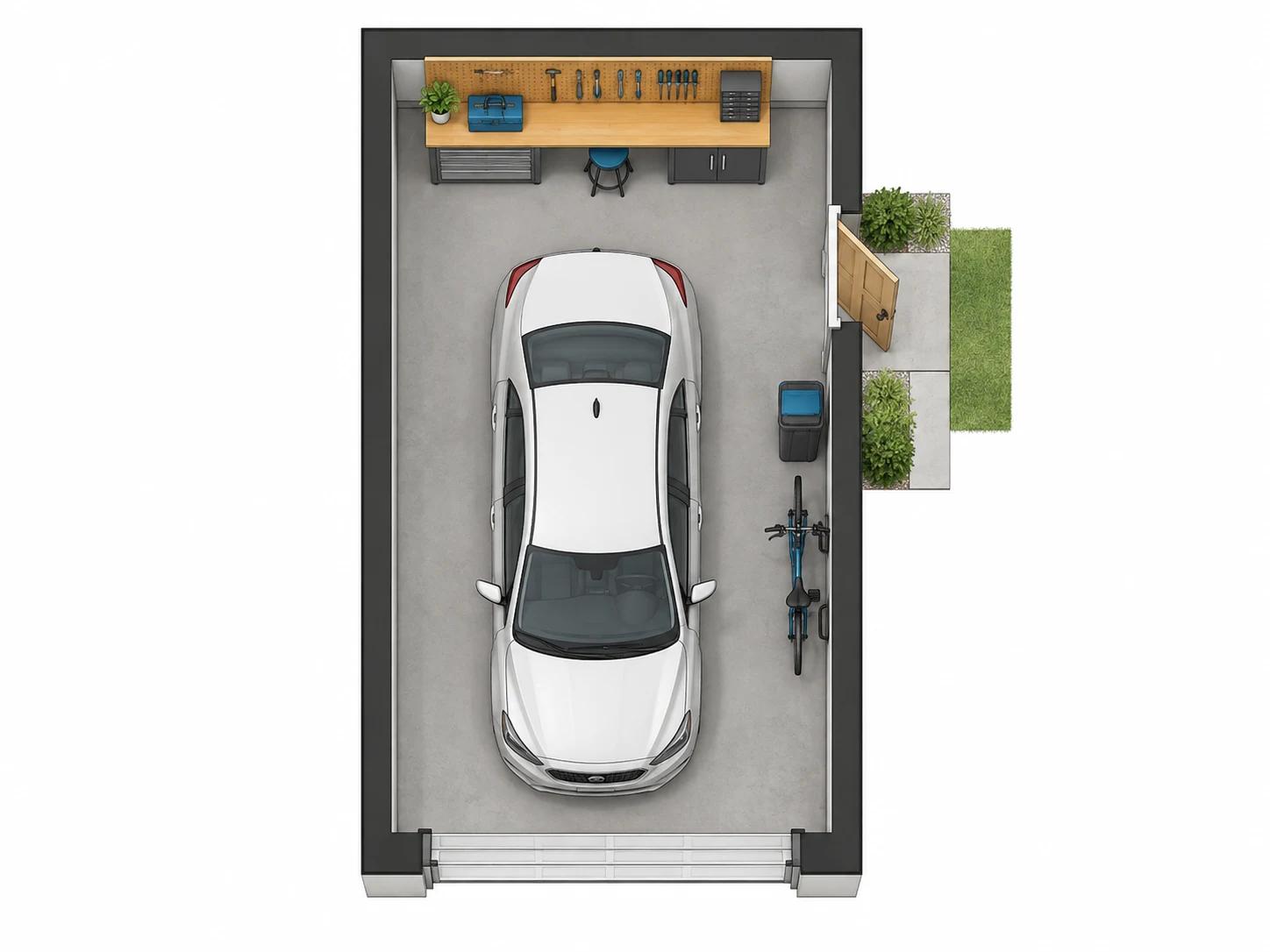 Single-bay garage layout with a workbench along the back wall and a side service door