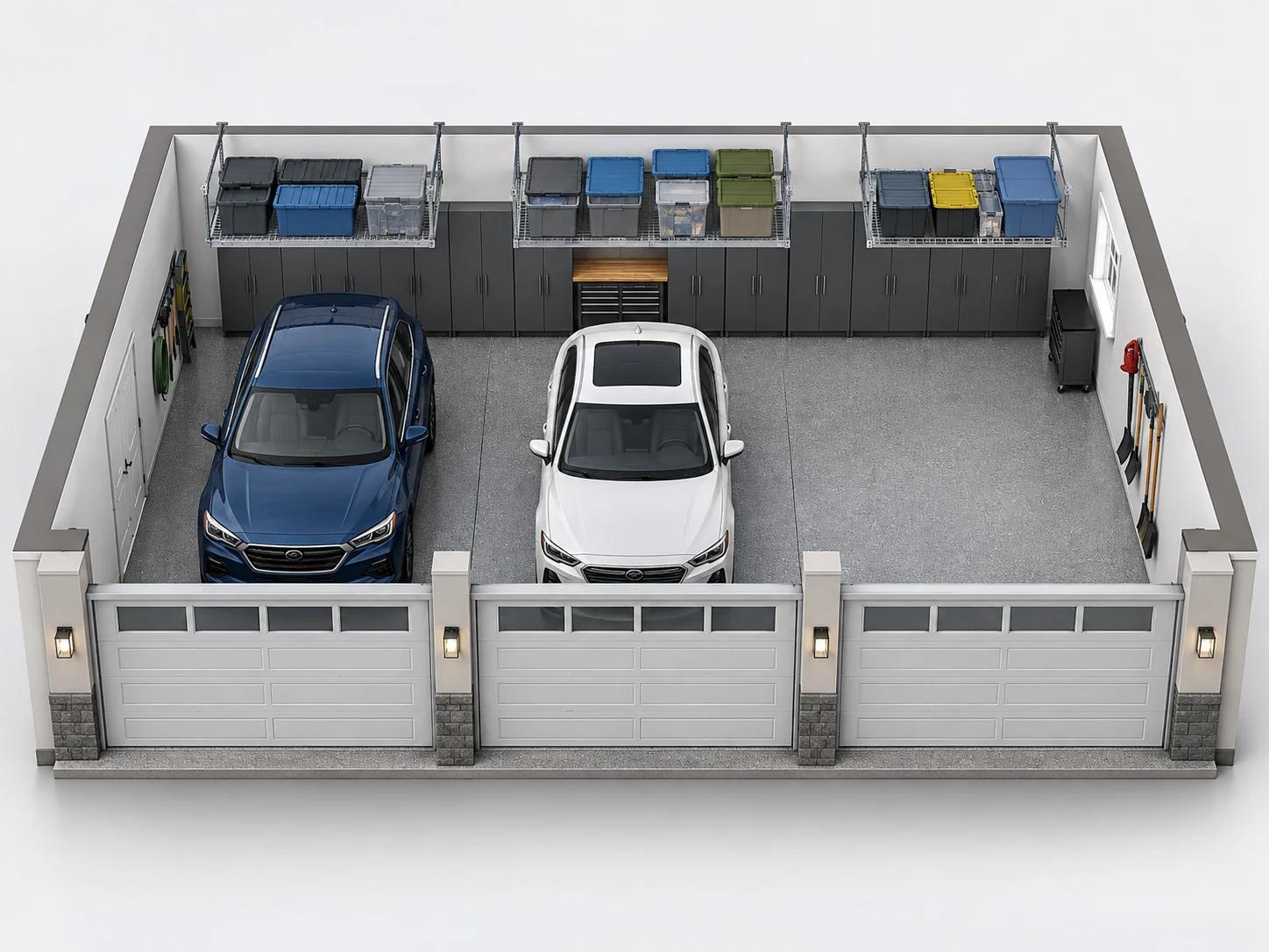 Three-car garage layout with separate doors, tall cabinets and overhead storage racks