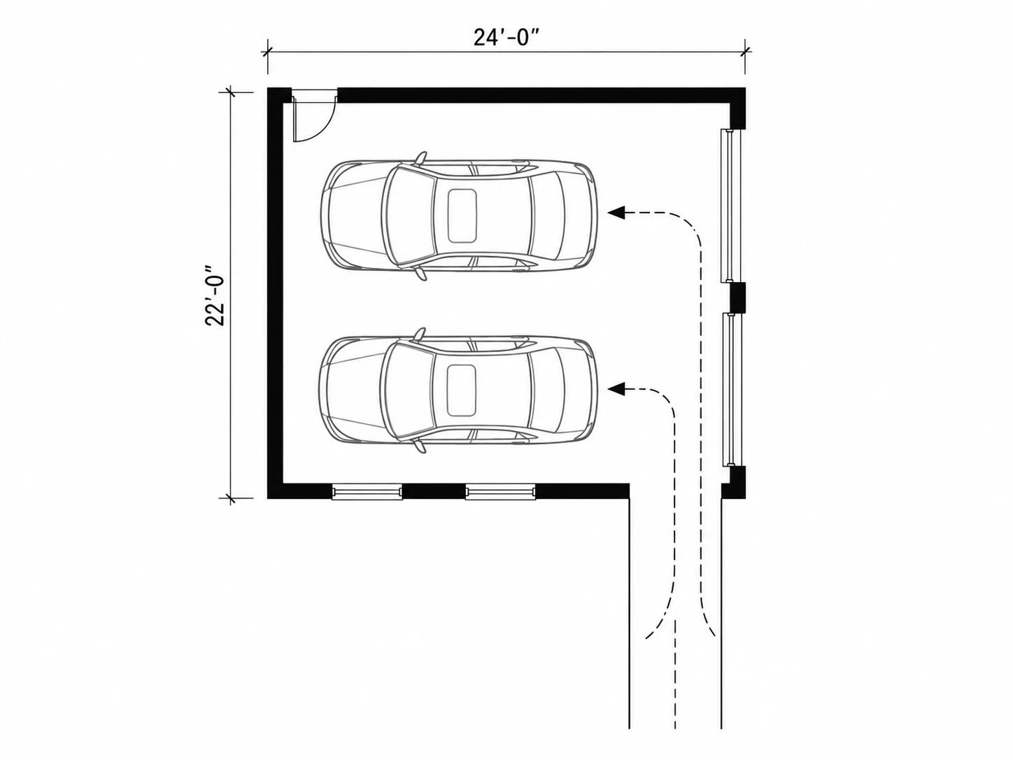 Side-entry garage layout with the car turning path shown as a dashed line