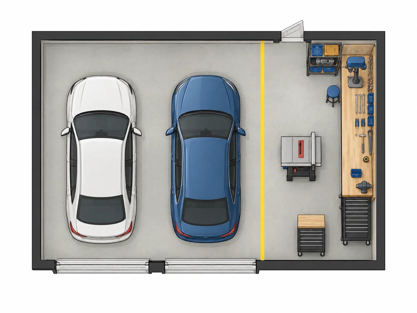 Garage with workshop floor plan showing two car bays and a separate workshop area