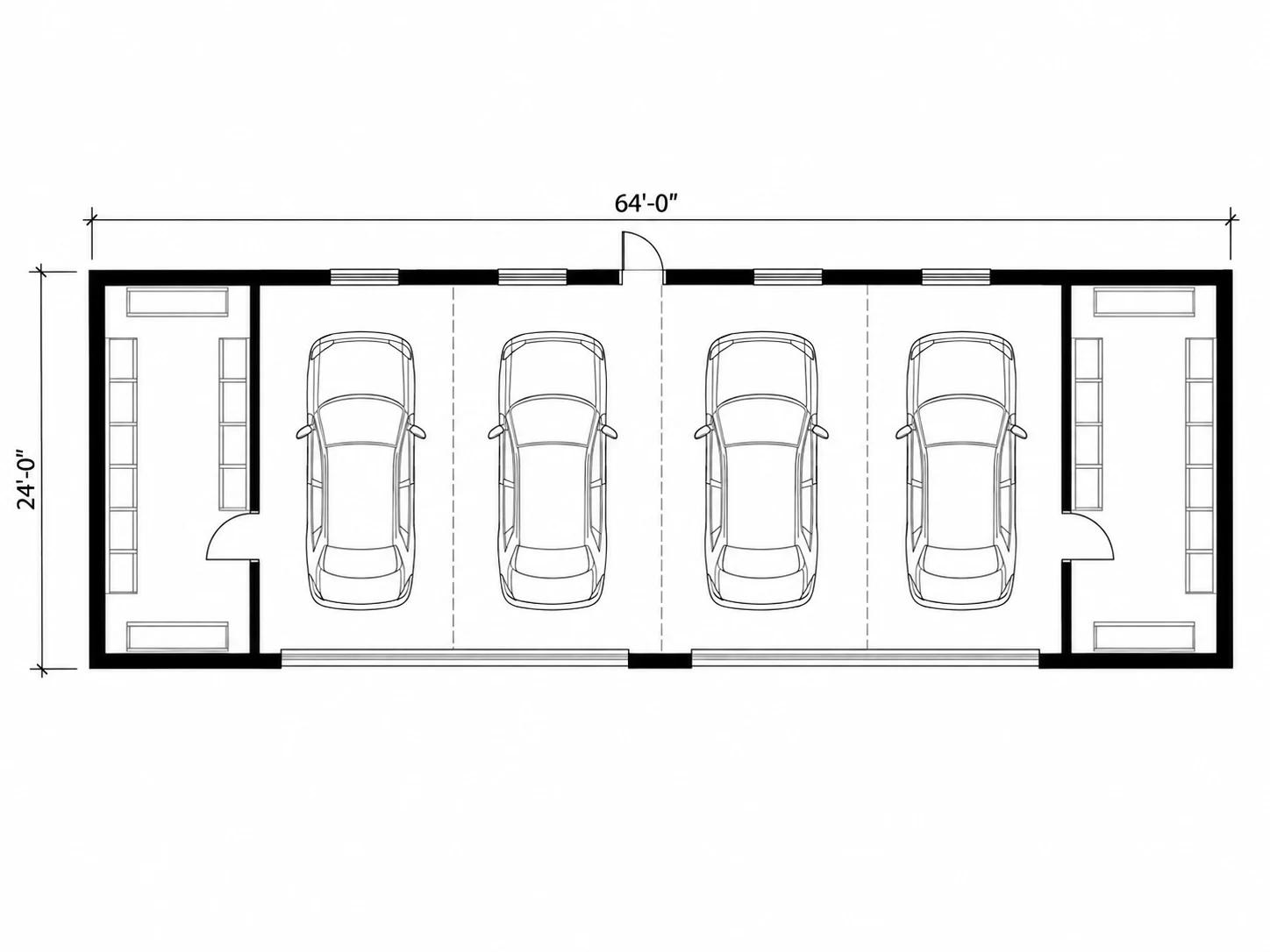 Four-car garage from the garage floor plan designer with two double doors and end storage