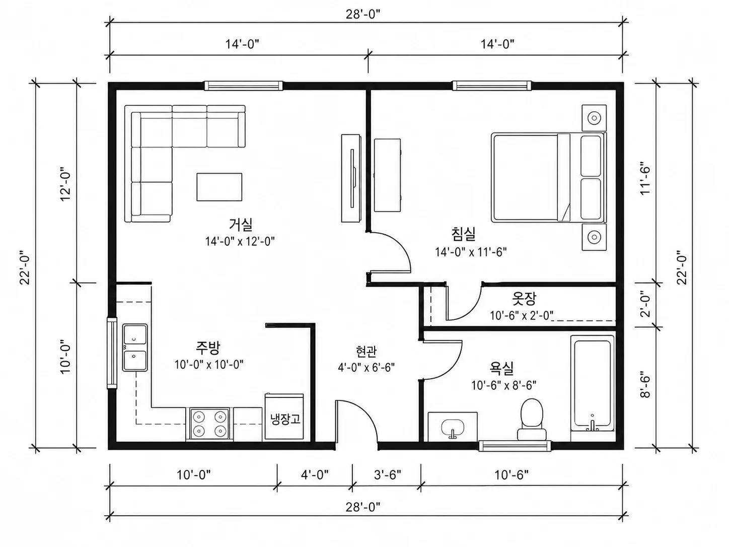 치수가 표시된 평면도로 변환된 방 사진