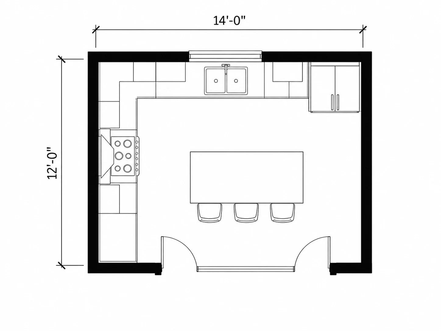 L-shaped kitchen layout with an island in a 12 by 14 foot room