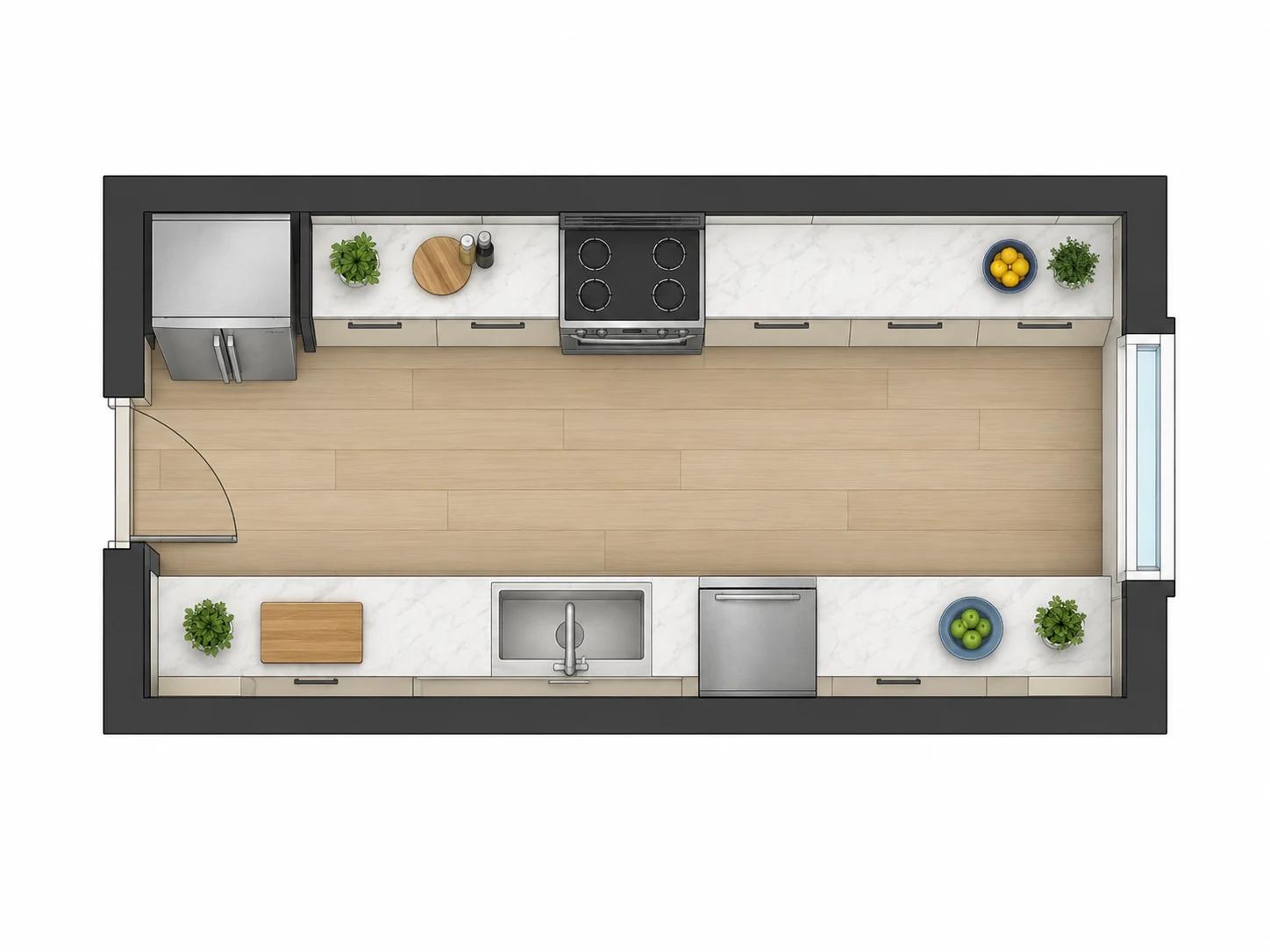 Galley kitchen layout with two parallel counters and a 4 foot aisle