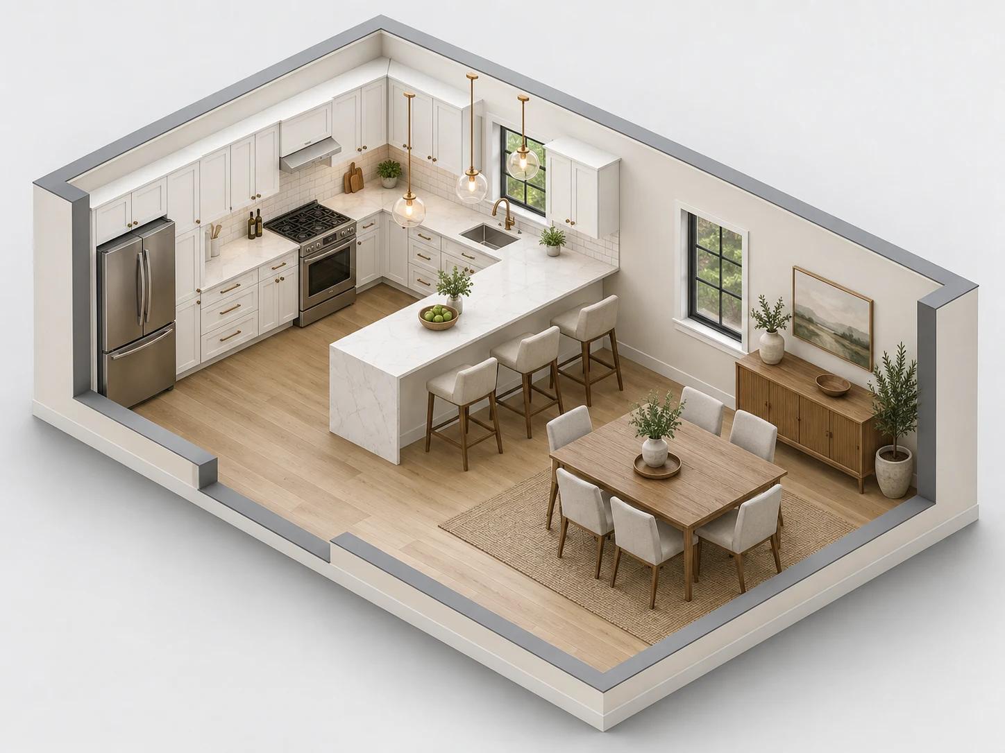 Peninsula kitchen layout open to a dining area with three stools