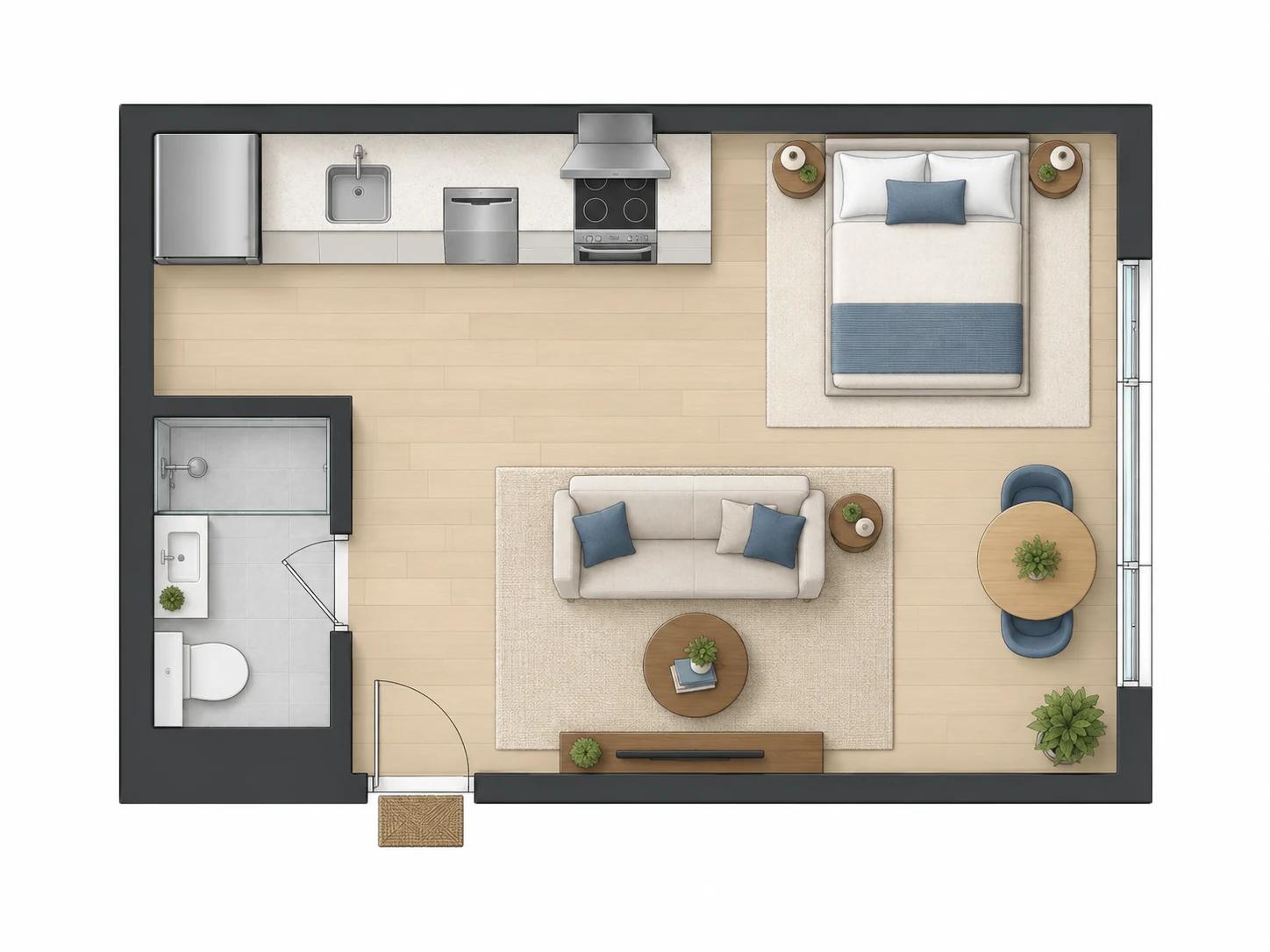 One-wall kitchen in a studio apartment with a single 12 foot counter run