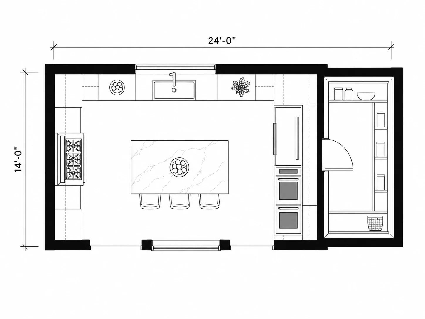 Kitchen layout with a walk-in pantry behind the refrigerator wall