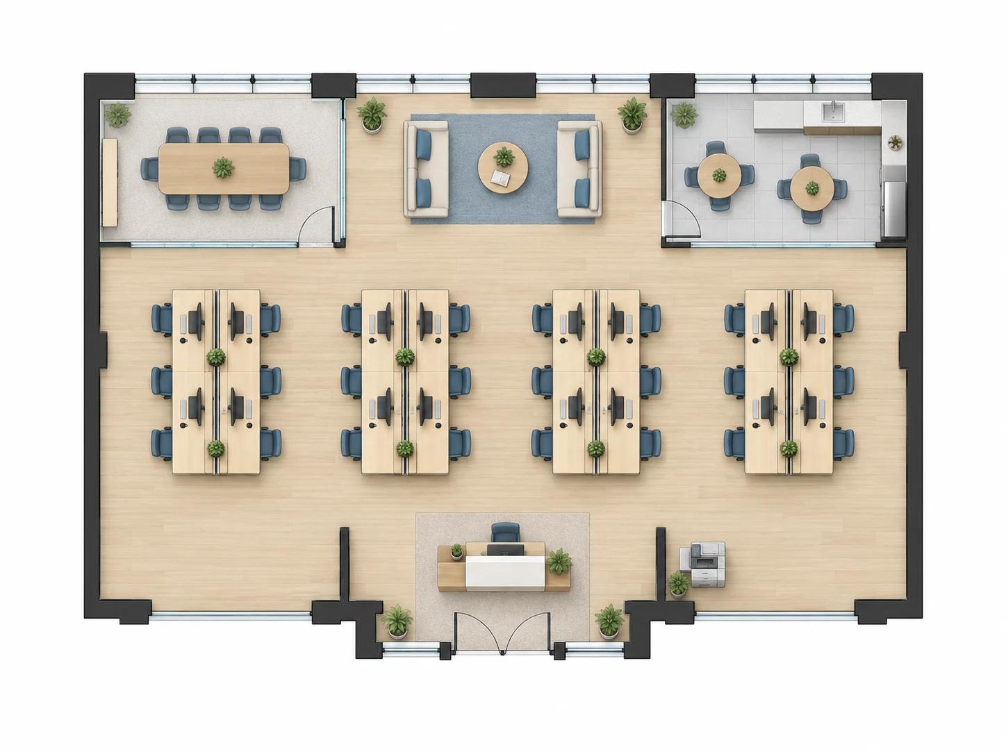 Układ biura open space z biurkami dla 24 osób, salą konferencyjną i pokojem socjalnym